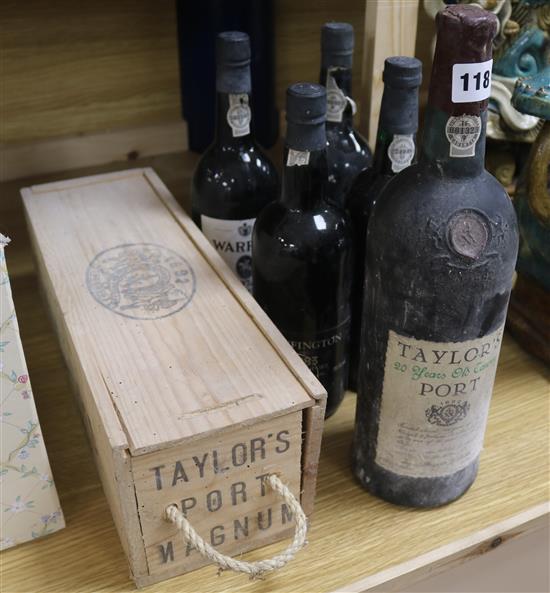 A magnum of Taylors 20 year old Tawny Port, 1981 Taylors Magnum boxed and 4 bottles of mixed ports